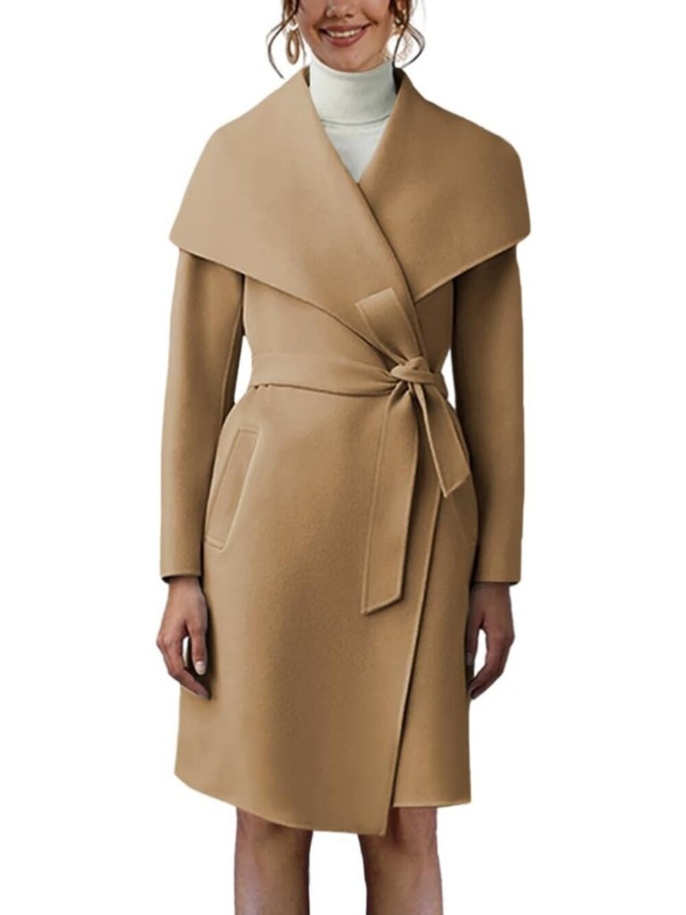 Chic Women's Pea Trench Coat, Lapel Collar, Long Belted Jacket with Pockets